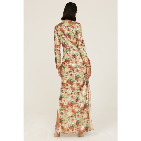 ROSETTA GETTY Multicolored Floral Crepe De Chine Sequin Long Sleeve Gown Size 0 - Picture 4 of 16